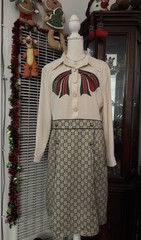 Print Collared A-Line Knee Length Long Sleeve Dress Beige Red Green