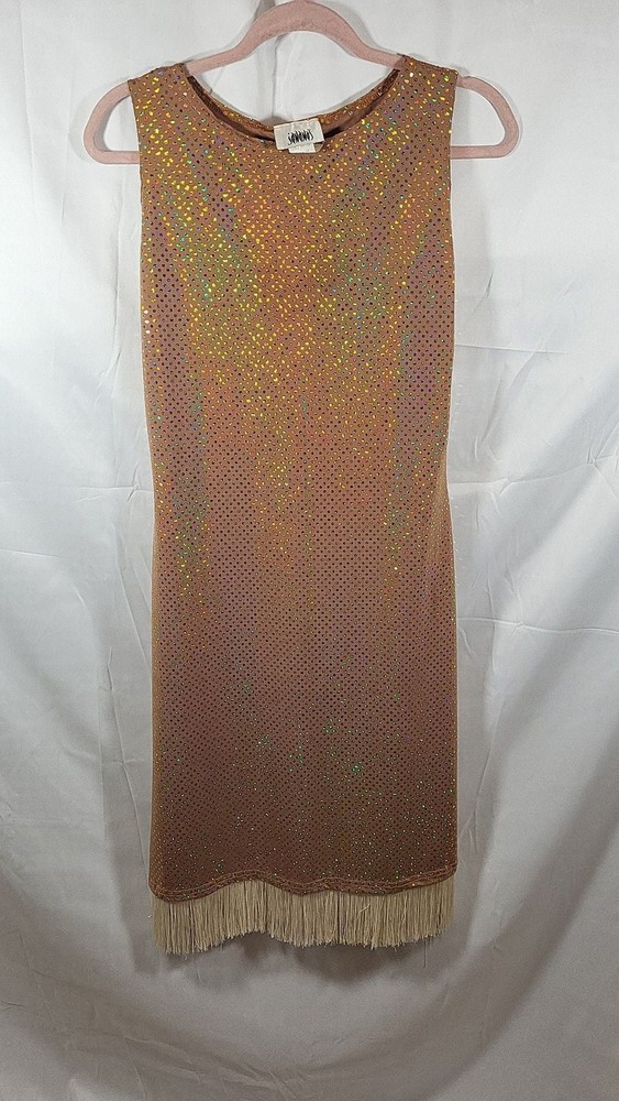 Vintage Sabanovs Iridescent Sequin Rhinestone Shift Dress with Fringe Hem, size