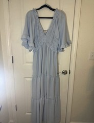 Women’s Blue Solid Smocked Ruffle Flutter Sleeve V-Neck Long Maxi Dress XL