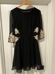 Ted Baker Black/Ivory Embroidered 3/4 Sleeve Knee-Length Round Neck Dress 3