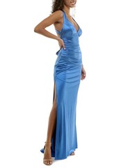 B. Darlin Juniors&rsquo; Strappy-Back Satin Gown – Cornflower – 11/12