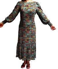 ALBARAY Eye-Catcher Beautiful Patchwork Print,Maxi Dress,Long Puff Sleeves10,S/M