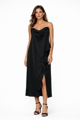 LULUS Black Strapless Cowl Neck Midi Dress Ruffle Slit Elegant Womens-Medium