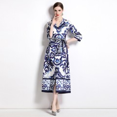 Summer Vintage Baroque Print Notch V Neck Half Sleeve Women Casual Shirt Dresses