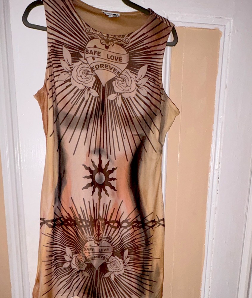No Name Women&rsquo;s Bodycon Short Dress S Beige Brown Graphic Print Scoop Neck