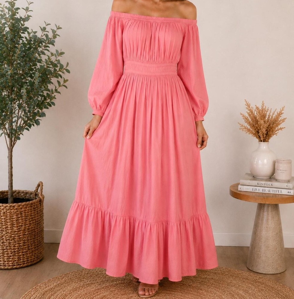 River Island Studios Bardot Maxi Dress UK 14 Coral Pink Cotton Off Shoulder b7