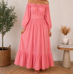 River Island Studios Bardot Maxi Dress UK 14 Coral Pink Cotton Off Shoulder b7