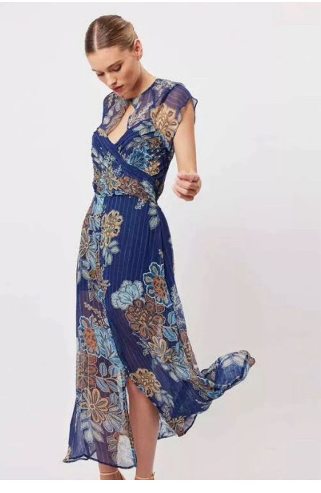 Once Was Dress 1 Blue Navy Floral Print Chiffon Short Sleeves Fit & Flare