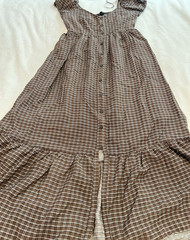 Dark Brown Check Pattern Puff Sleeve Midi Dress blu pepper (Small)