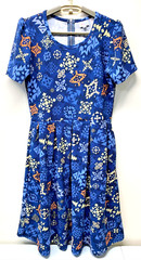 Lularoe Amelia Size Large SS Dress Blue Orange Beige Round Neck Geometric Print
