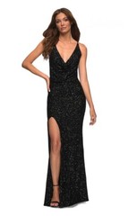 La Femme Black Sequin Blouson-Bodice Sleeveless Cross Back Gown Size 8 $418 Prom