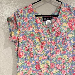 Vintage J.G. Hook Dress Womens 8 Blue Multi Floral Fit Flare Linen Button Midi