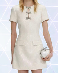 **FREE SHIPPING** Summer NWT Self Portrait Cream Boucle Bow Mini Dress(US0-US12)