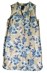 JH Women&rsquo;s Dress Size 6 Tan Blue Floral Print Rayon Linen V-Neck 1/2 Button Down