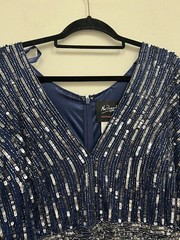 Mac Duggal 18W Sequin V Neck Navy Midnight Longsleeve Ball $598 Dress 4977 New