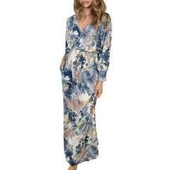 White Birch Maxi Dress Womens Small Blue Ivory Coral Watercolor Long Sleeve