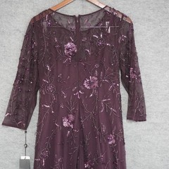 Adrianna Papell Gown 10 Night Plum Beaded Mesh Evening Dress 3/4 Sleeve AP1E2086
