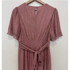 Mauve Pink Metallic Plisse Maxi Dress Flutter Sleeve Modest Wedding Guest M