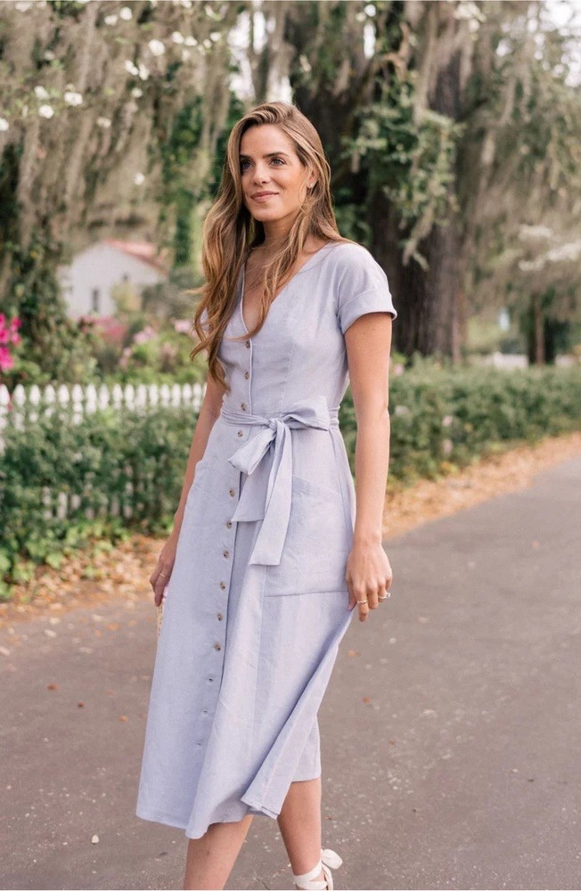 Gal Meets Glam Vanessa Button Front Linen Blend Midi Dress 4 Lavender Purple