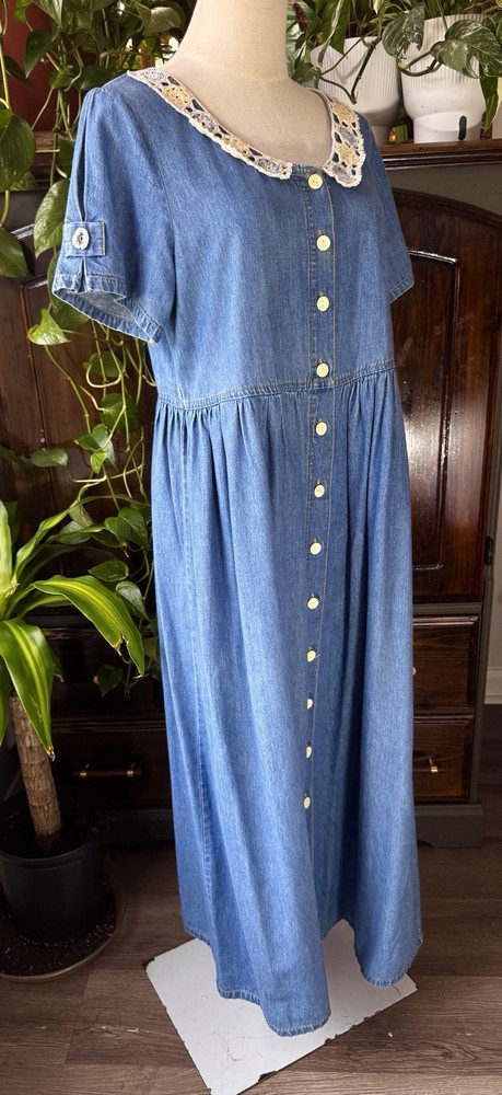 Sz M Denim Jean Maxi Dress Macrame Doilie Button Collared 100% Cotton Cottage