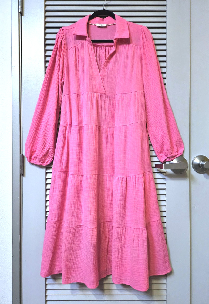 neon pink gauze collar tiered maxi long dress XL & anthropologie jewelry