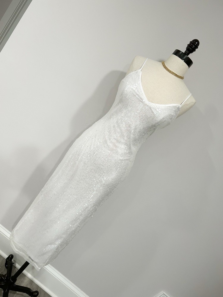 Lulus White Solid Mesh Sequin Long Dress S V-Neck Strappy Open Back Zip | SMALL
