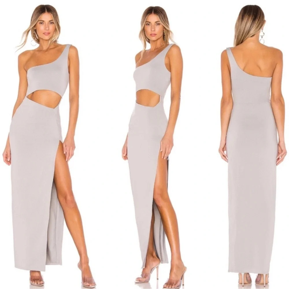 Superdown Erla Light Grey One Shoulder Cutout Maxi Dress w/ Side Slit Size M