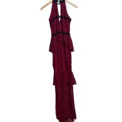 NWT PrettyLittleThing Burgundy Lace Ruffle Detail Plunge Maxi Dress Size 8