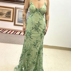 Green Sequin V-Neck Evening Dresses Spaghetti Straps Backless Lace-Up Prom Gowns