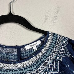 Madewell Size Medium Embroidered Mini Shift Dress Navy Boho Babydoll Puff Sleeve