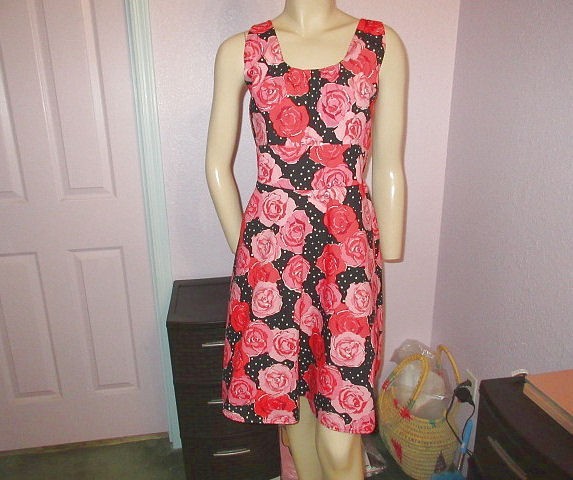 Vtg 50s Style Floral Dress Size M Swing Fit & Flare Polka Dot Rockabilly Tradwif