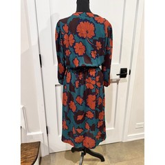 Teal Floral Long Sleeve Midi Wrap Dress with Elastic Waist and Tie Belt