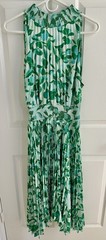 Halogen Women’s cocktail wedding Guest Boho Floral Green Gold Pleated Dress Med