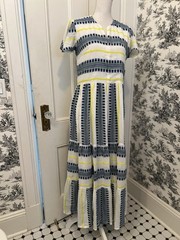 OLIPHANT Tiered Floral V Neck Maxi Dress Canary Short Sleeve Multicolor Size S