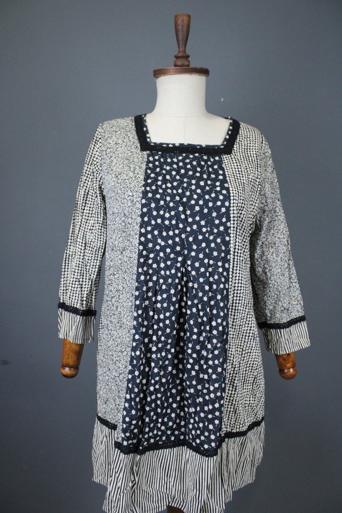 GUDRUN SJÖDÉN Multicolor Mixed Pattern Square Neck 3/4 Sleeve Tunic Dress Size S