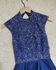 Sherri Hill Beaded Fit and Flare Cocktail Dress Cap Sleeve Blue Prom Formal Glam