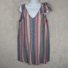 Cremieux Tunic Dress Women Large Blue Stripe Linen Blend Sleeveless Beach Resort