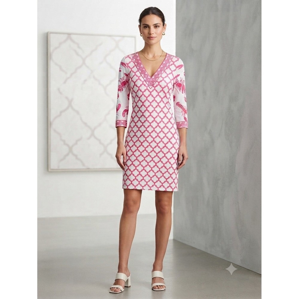Gretchen Scott Pink White Trellis Lobster Print V-Neck Tunic Shift Dress S