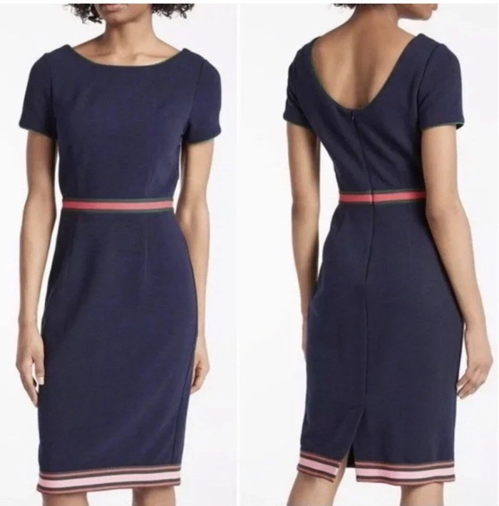 Boden Kaia Ottoman Navy Blue Dress with Pink Green Trim Size 6 Petite