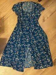 Button Down Dress, Size Large – Blue with floral pattern; never worn