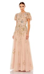 Mac Duggal Taupe Embellished Butterfly Sleeve High Neck Gown Size 10 $798