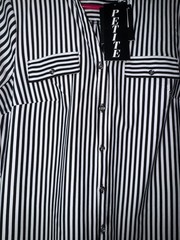 Mile Gabrielle Petite Striped Button-Down Shirt Dress Black White Roll Tab Sleev