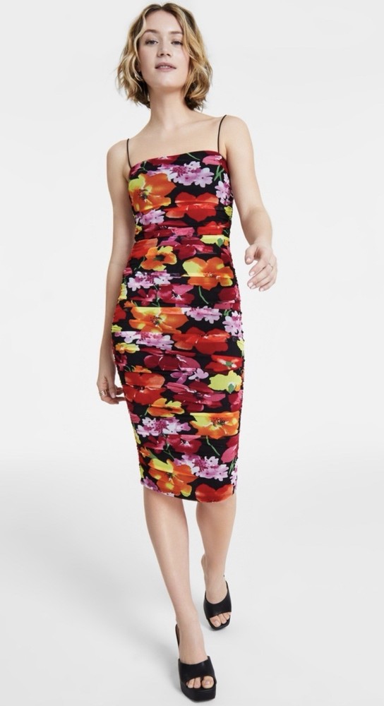 B. Darlin Juniors&rsquo; Bungee-Strap Ruched Bodycon Midi Dress-BLK/RED/YELLOW, Sz-XS