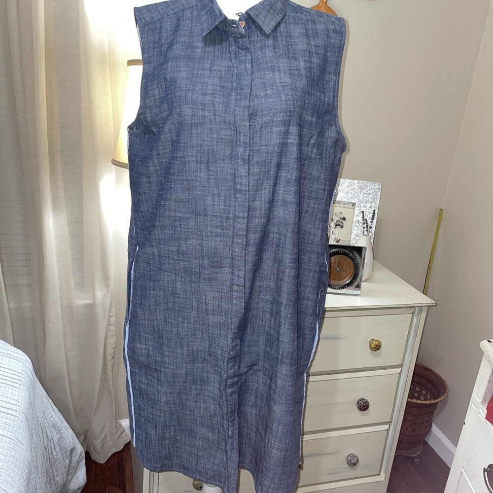 Hatley Chambray Shift Dress | Coastal Preppy | Stripe Piping | Sleeveless Sz Lg