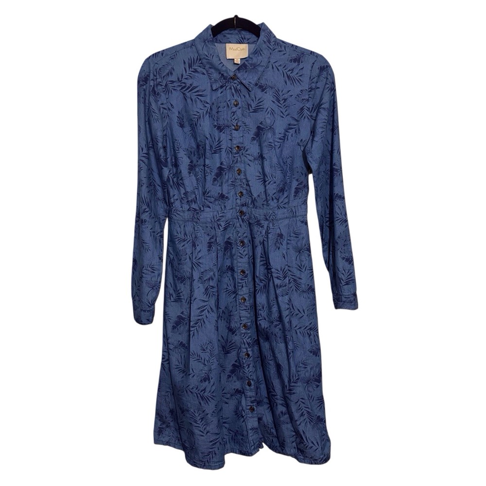 ModCloth Medium Blue Chambray Tropical Leaf Shirt Dress Cotton Button Up Pockets