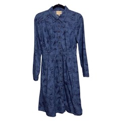 ModCloth Medium Blue Chambray Tropical Leaf Shirt Dress Cotton Button Up Pockets