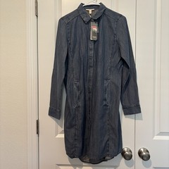 EILEEN FISHER XS Denim Tencel Cotton Blue Shirt Dress Buttons Pockets Long All