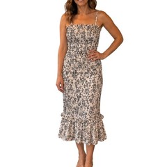 Mable Tiered Smocked Floral Midi Dress Size L Black White Bodycon Romantic Y2K