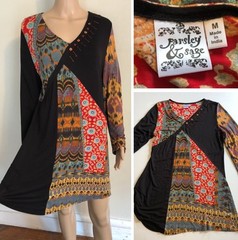 PARSLEY & SAGE Size M Earthy Print Stretch Jersey Dress Boho Hippie Casual