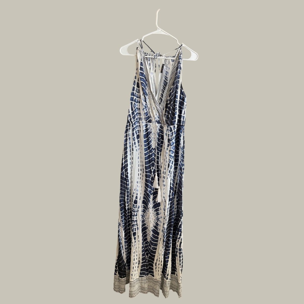 Venus Womens XL Blue White Tie Dye Maxi Dress Boho Tassel Halter V-Neck 60in L